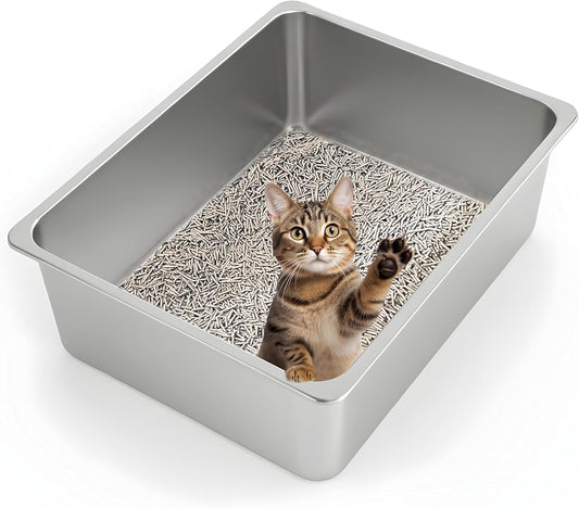 Stainless Steel Cat Litter Box XL- Metal High Sided Cat Pan, Large Stainless Steel Box, Indoor Litter Tray, Non Stick, No Smell, Easy to Clean, Pet Toilet Supplies for Kitten, Kitty, Rabbit