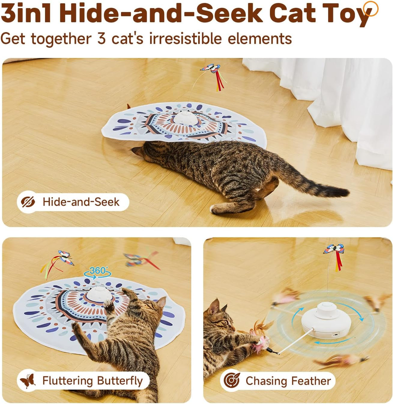 Cat Toys Chargeable, 3In1 Hide and Seek for Kittens, Interactive Automatic Play, Fluttering Butterfly, Moving Wand Feather, Indoor Kitty Exercise 22.8 Inch Cover for All Breeds