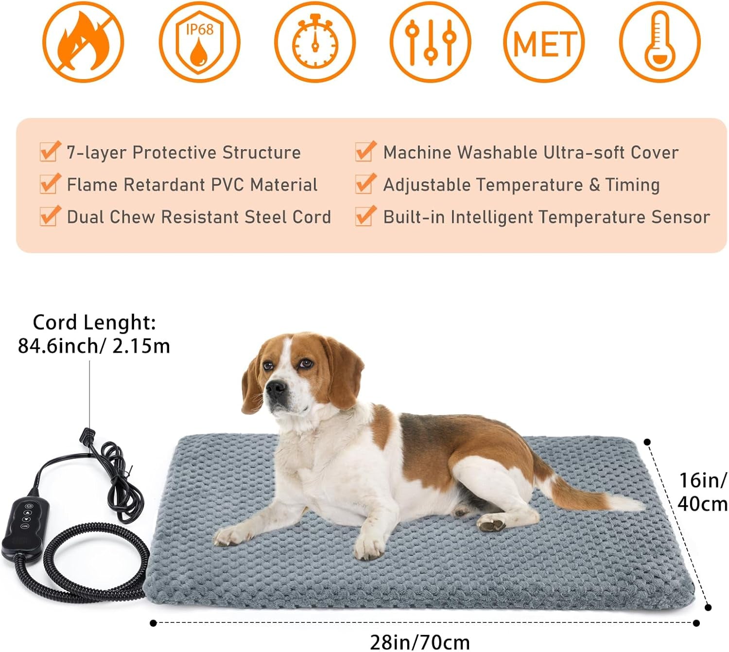 Heated Dog Bed, Waterproof Adjustable Temperature Dog Cat Heating Pad with Timer, Indoor Pet Heating Pad for Cats Dogs Electric Pads for Dogs Cats, Pet Heated Pad (M: 28" X 20")