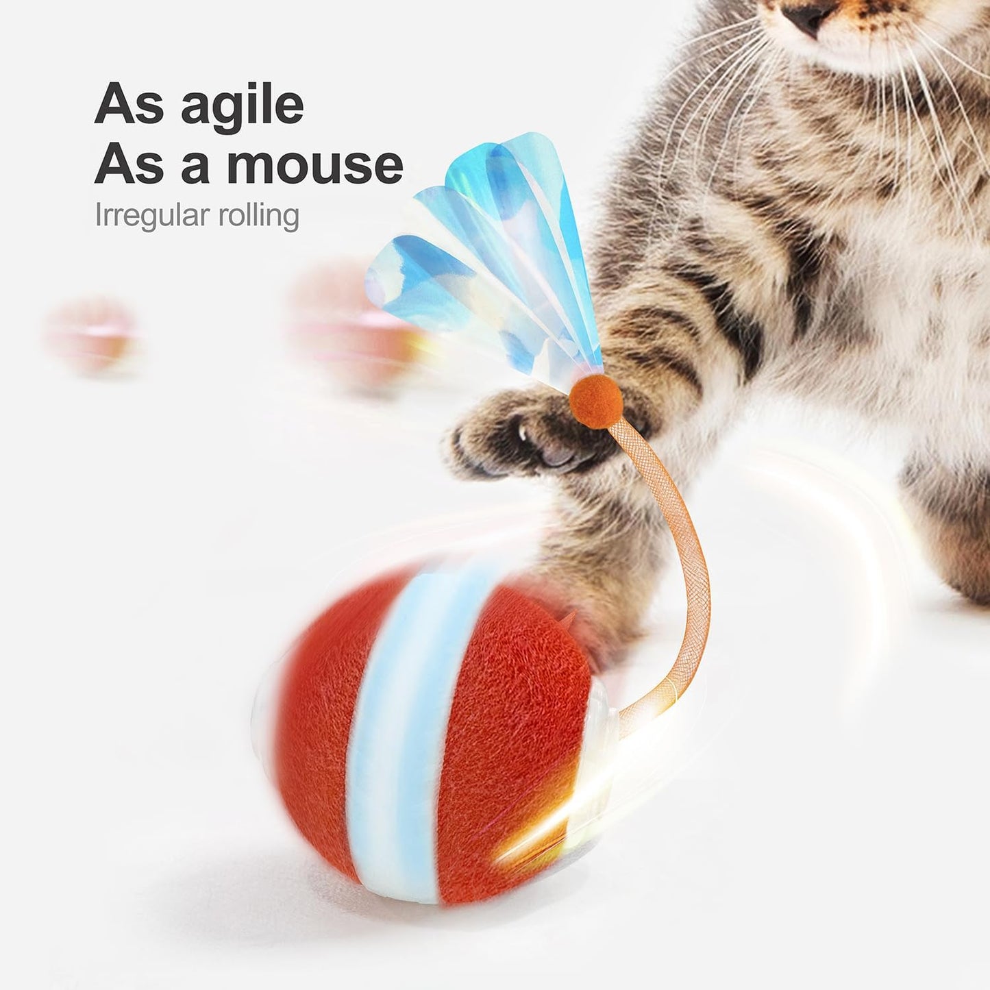 Interactive Cat Toys for Indoor Cats,The 3Rd Generation Agile Moving Cat Ball with Elastic Mesh Tail,Automatic Kitten Toys for Bored Indoor Adult Cats,Motion Activated (Orange)