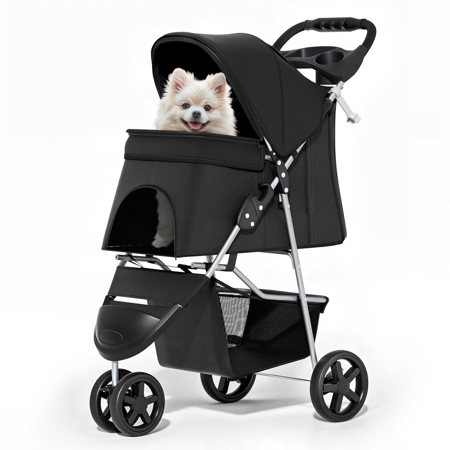 Foldable Pet Stroller with Weather Cover, 3 Wheels Pet Strolling Cart for Small/Medium Dogs and Cats with Storage Basket and Cup Holder, Breathable and Visible Mesh for All-Season, Black