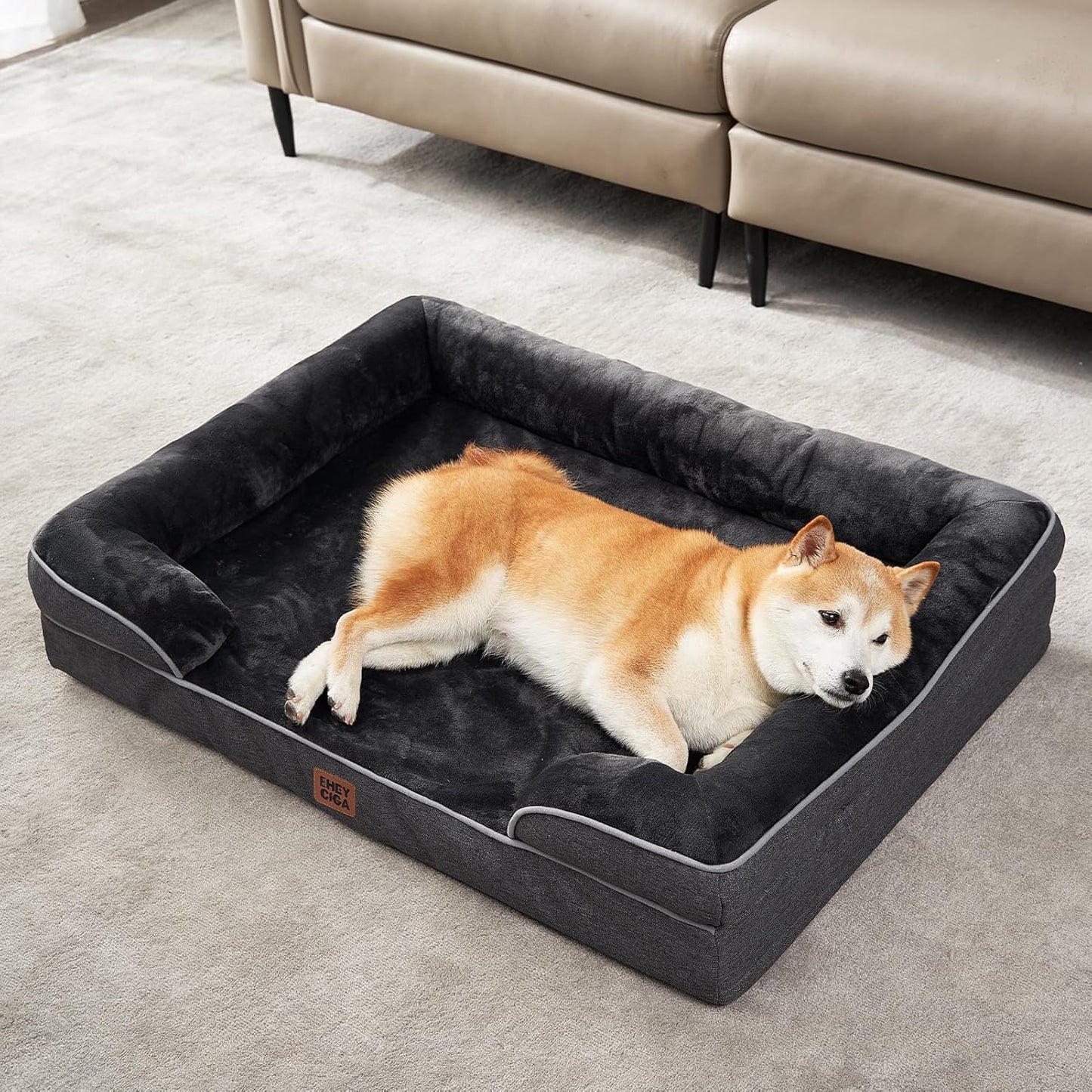 Orthopedic Dog Beds for Extra Large Dogs, Waterproof Memory Foam XL Pet Bed with Sides, Non-Slip Bottom and Egg-Crate Foam Big Dog Couch Bed with Washable Removable Cover, Dark Grey