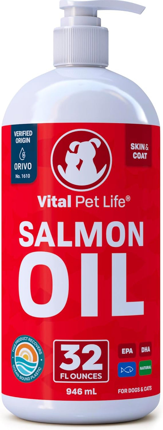 Salmon Oil for Dogs & Cats - Healthy Skin & Coat, Fish Oil, Omega 3 EPA DHA, Liquid Food Supplement for Pets, All Natural, Supports Joint & Bone Health, Natural Allergy & Inflammation Defense, 32 Oz