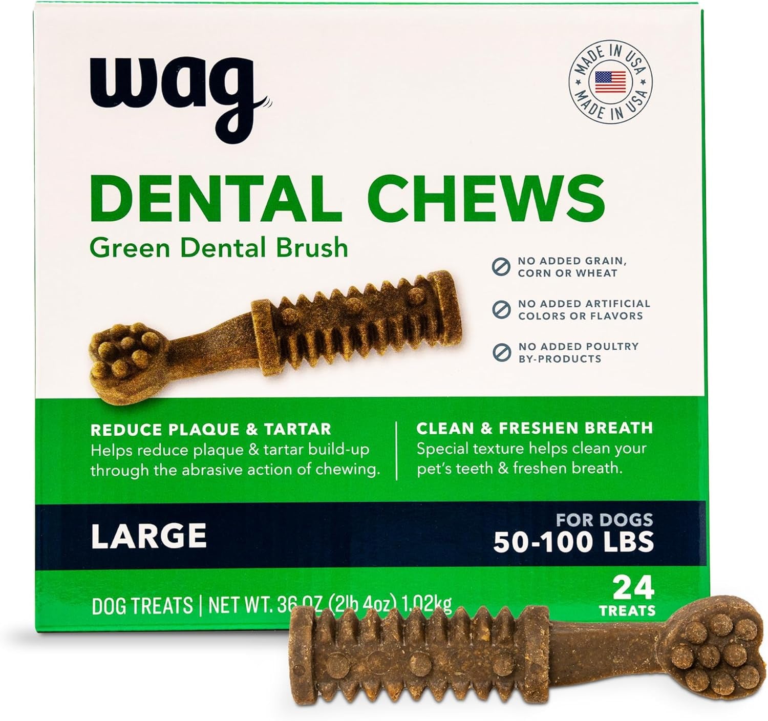 Amazon Brand -  Dental Chews - Green Dental Brush for Dogs, Large, Unflavored, 24 Count (Pack of 1)