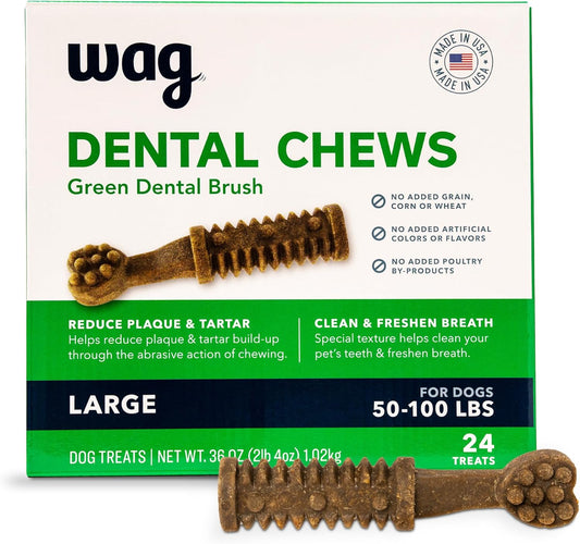 Amazon Brand -  Dental Chews - Green Dental Brush for Dogs, Large, Unflavored, 24 Count (Pack of 1)