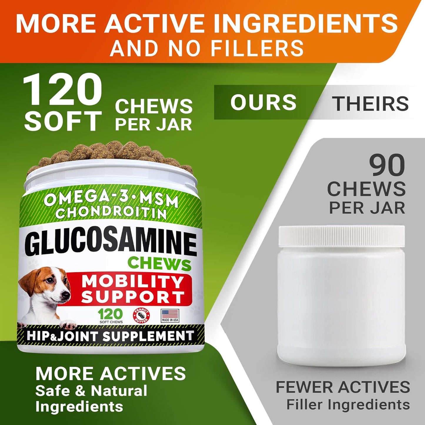 Glucosamine Treats for Dogs - Joint Supplement W/Omega-3 Fish Oil - Chondroitin, MSM - Advanced Mobility Chews - Joint Pain Relief - Hip & Joint Care - Peanut Butter Flavor - 120 Ct