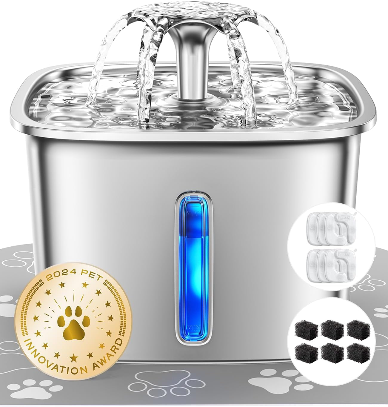 Innovation Award Winner Stainless Steel Cat Water Fountain, 95Oz/2.8L Automatic Pet Fountain with 6 Replacement Filters & 6 Pre-Filter Sponges & Silicone Mat for Cats, Dogs (Silver)