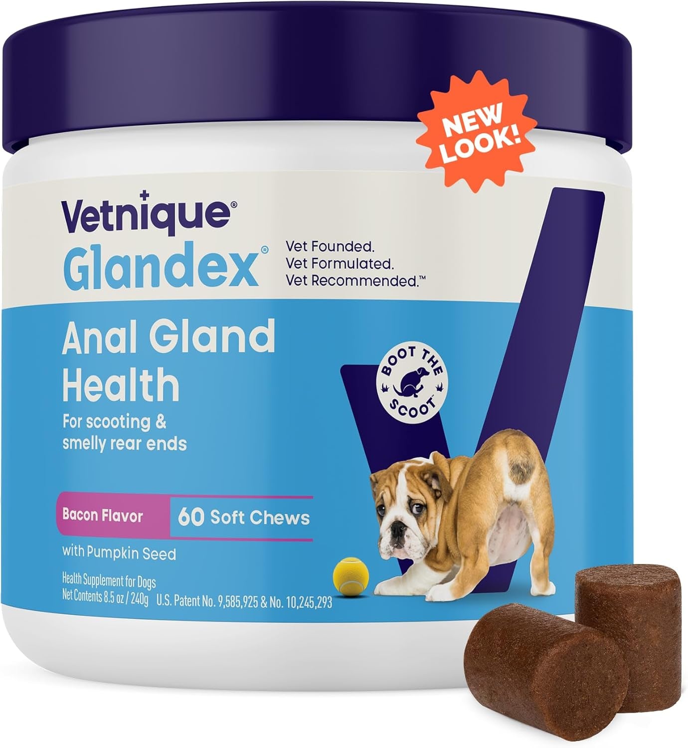 Labs Glandex Anal Gland Soft Chew Treats with Pumpkin for Dogs Digestive Enzymes, Probiotics Fiber Supplement for Dogs Boot the Scoot (Bacon Flavor Chews, 60 Count)