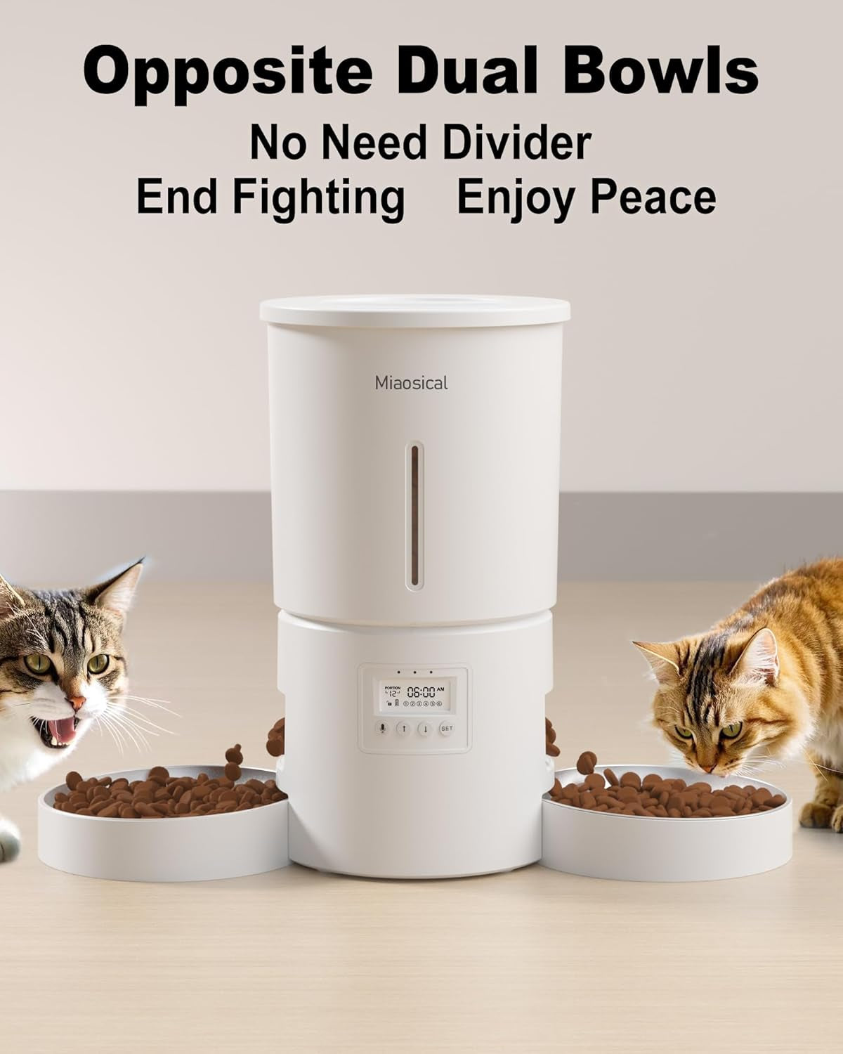 Dual Automatic Cat Feeder 2 Cats,6 Meals/Day,12 Portions/Meal,4.2L Dual Power Double Bowls Feeder,Dry Food Auto Pet Dispenser,10S Voice Record,Flexible Schedule Timer(White,Stainless Dual Bowls)