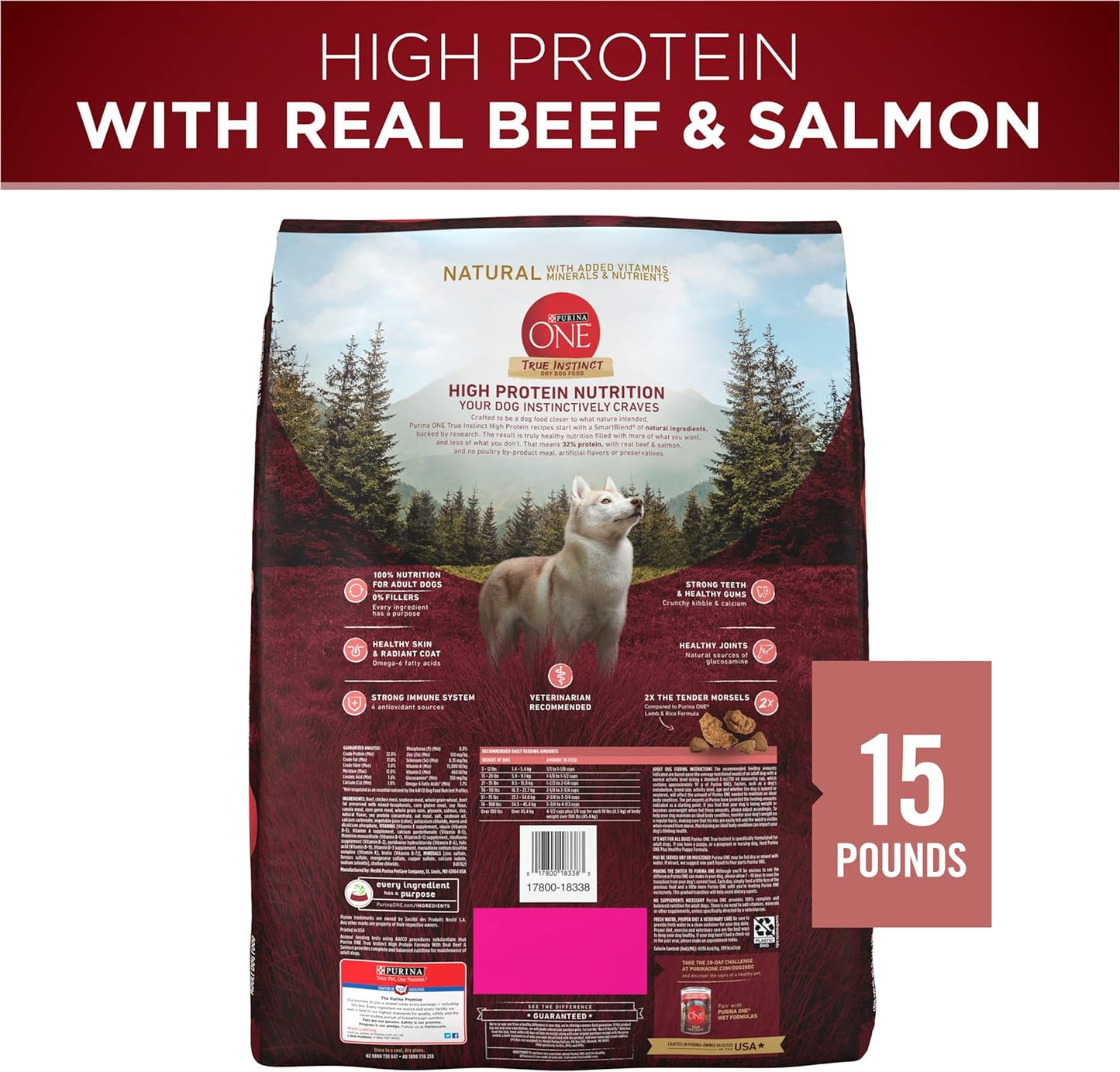 Natural High Protein Dry Dog Food Dry True Instinct with Real Beef and Salmon with Bone Broth and Added Vitamins, Minerals and Nutrients - 15 Lb. Bag