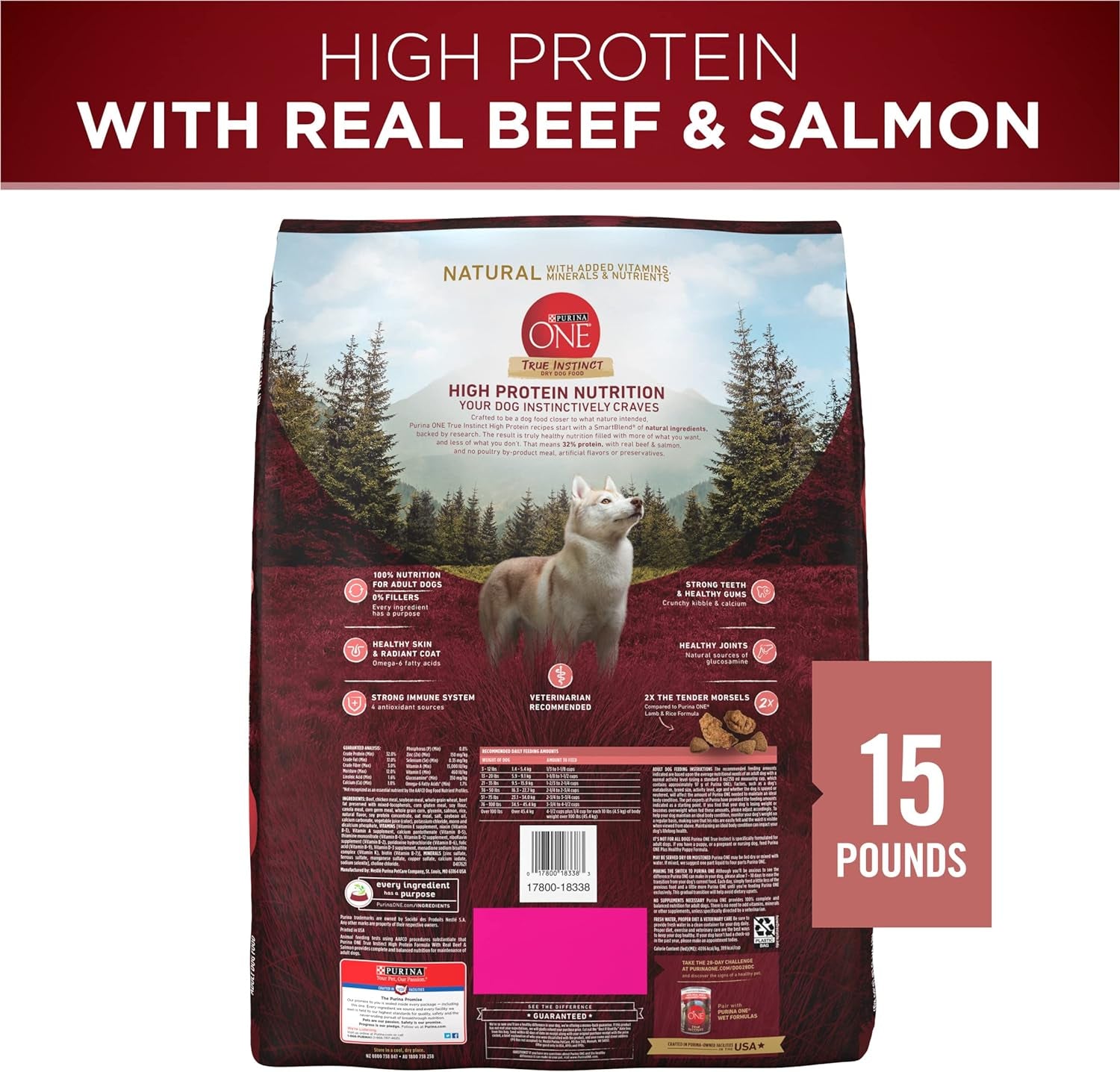 Natural High Protein Dry Dog Food Dry True Instinct with Real Beef and Salmon with Bone Broth and Added Vitamins, Minerals and Nutrients - 15 Lb. Bag