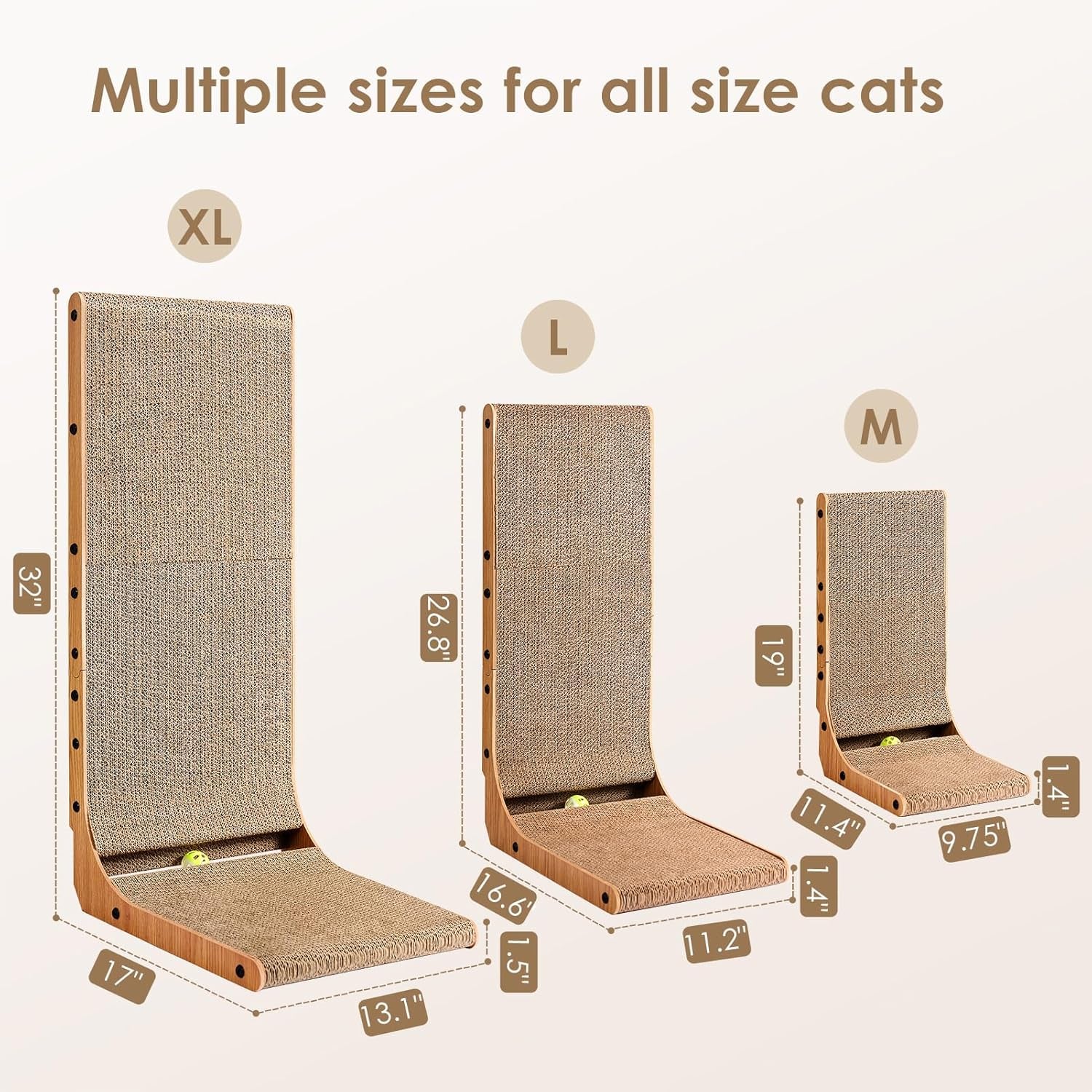Cardboard Cat Scratcher for Indoor Cats, 26.8 Inch L Shaped Vertical Cat Scratching Board with Ball Cat Toy, Large Cat Scratcher Pad, Brown