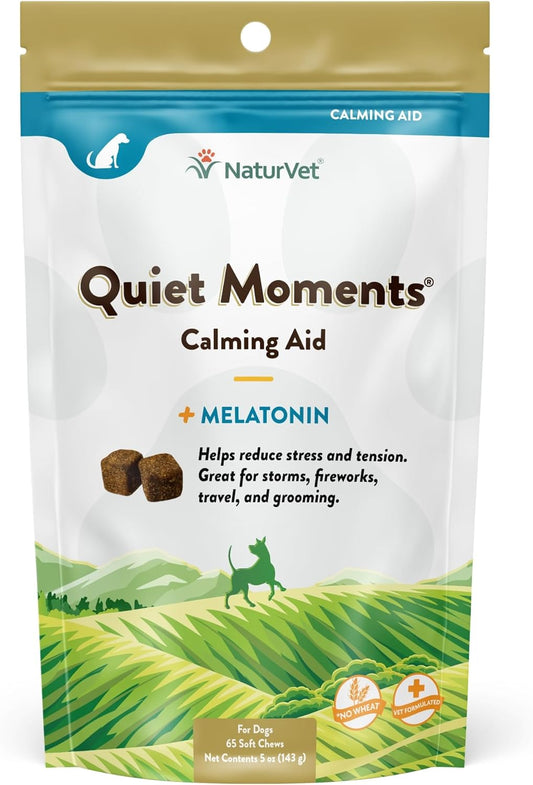 Quiet Moments Calming Dog Supplement, Dog Soft Chews with Melatonin to Help Reduce Stress from Storms, the Vet, Fireworks, and Travel, Bacon and Chicken Flavored Pet Supplement, 65 Count
