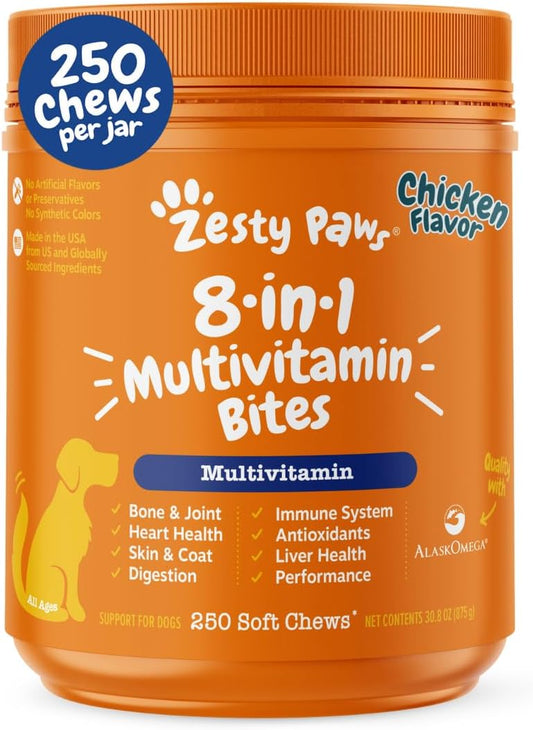 Dog Multivitamin, Chewable Dog Vitamins and Supplements for Hip & Joints, Skin & Coat, Omega 3 Fish Oil for Dogs- Senior & Puppy Multivitamin - Chicken- 250Ct