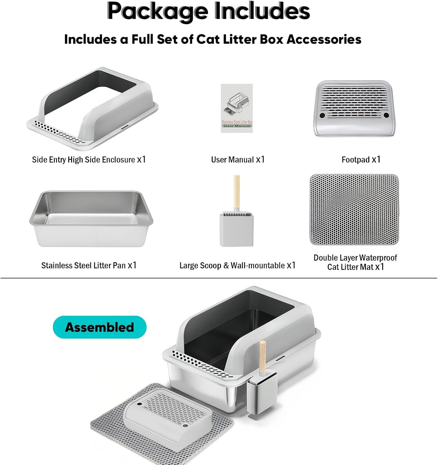 Stainless Steel Cat Litter Box with Lid, XL Large Litter Box for Big Cats, Enclosed Kitty Litter Pan with High Sides, Anti-Leakage & Non-Stick, Easy to Clean, Included Scoop, Aisle and Mat