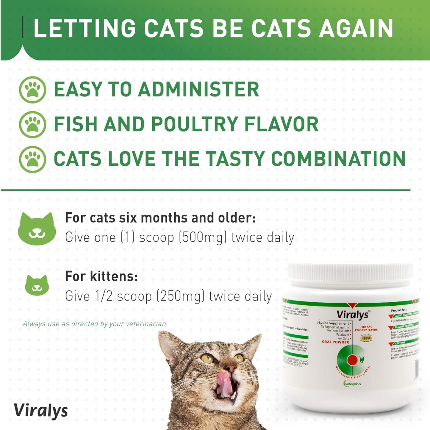 Viralys Daily L-Lysine Powder for Cats and Kittens, Fish Flavored Lysine Supplement for Cats and Kittens to Support Immune Health, Normal Eye Function and Respiratory Health, 100Gm