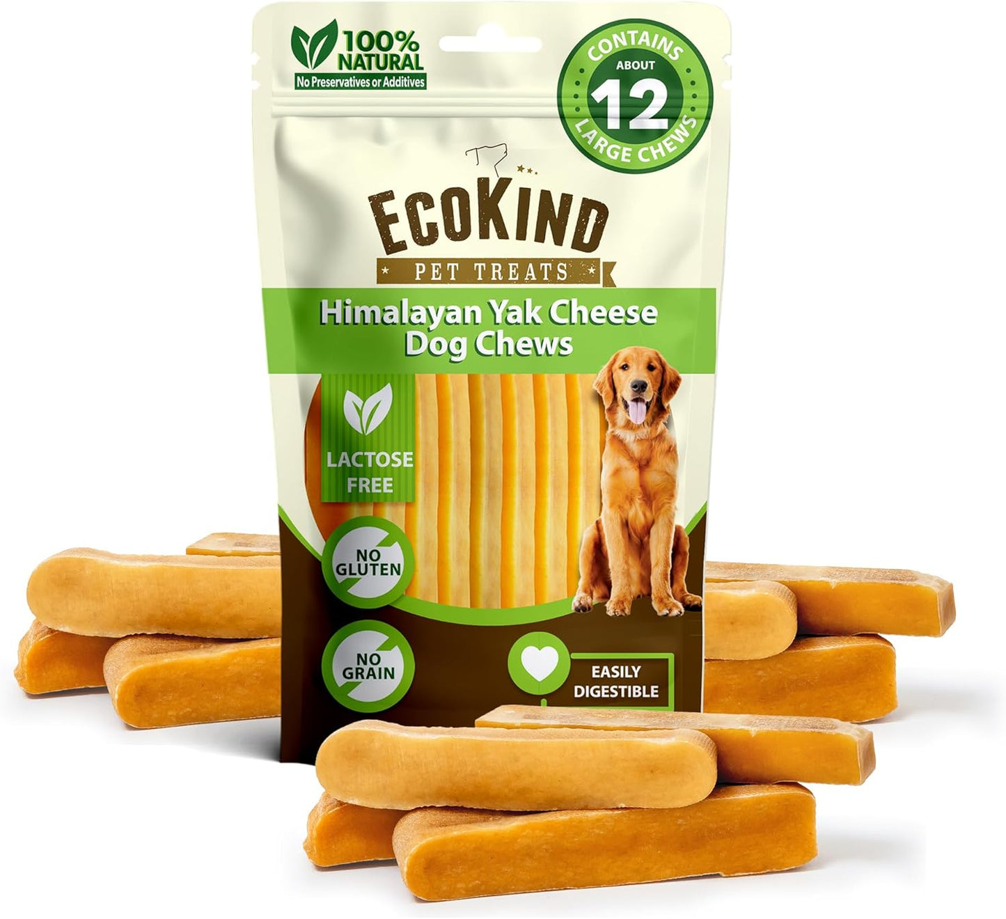 Ecokind Premium Gold Yak Cheese Himalayan Dog Chews, Dog Treats Large Breed, All Natural, High Protein, for Aggressive Chewers, Large - 12+ Chews (3 Lb)