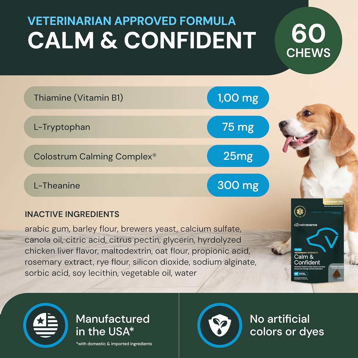 Veterinary Strength Calm & Confident Chews - Stress Supplement for Pets - Supports Brain Function for Cats & Dogs - with L-Theanine, Thiamine & More - 60 Count