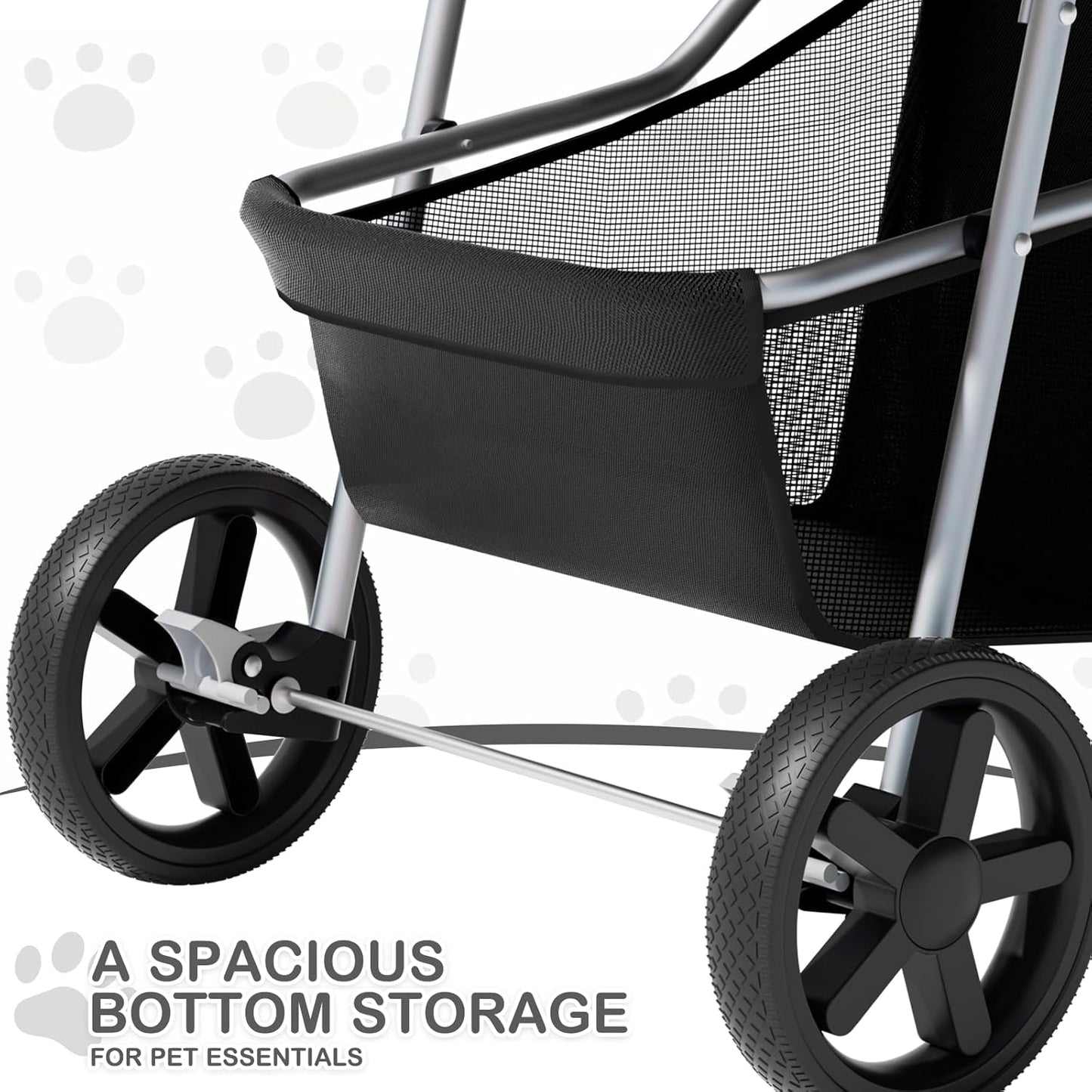 Foldable Pet Stroller with Weather Cover, 3 Wheels Pet Strolling Cart for Small/Medium Dogs and Cats with Storage Basket and Cup Holder, Breathable and Visible Mesh for All-Season, Black