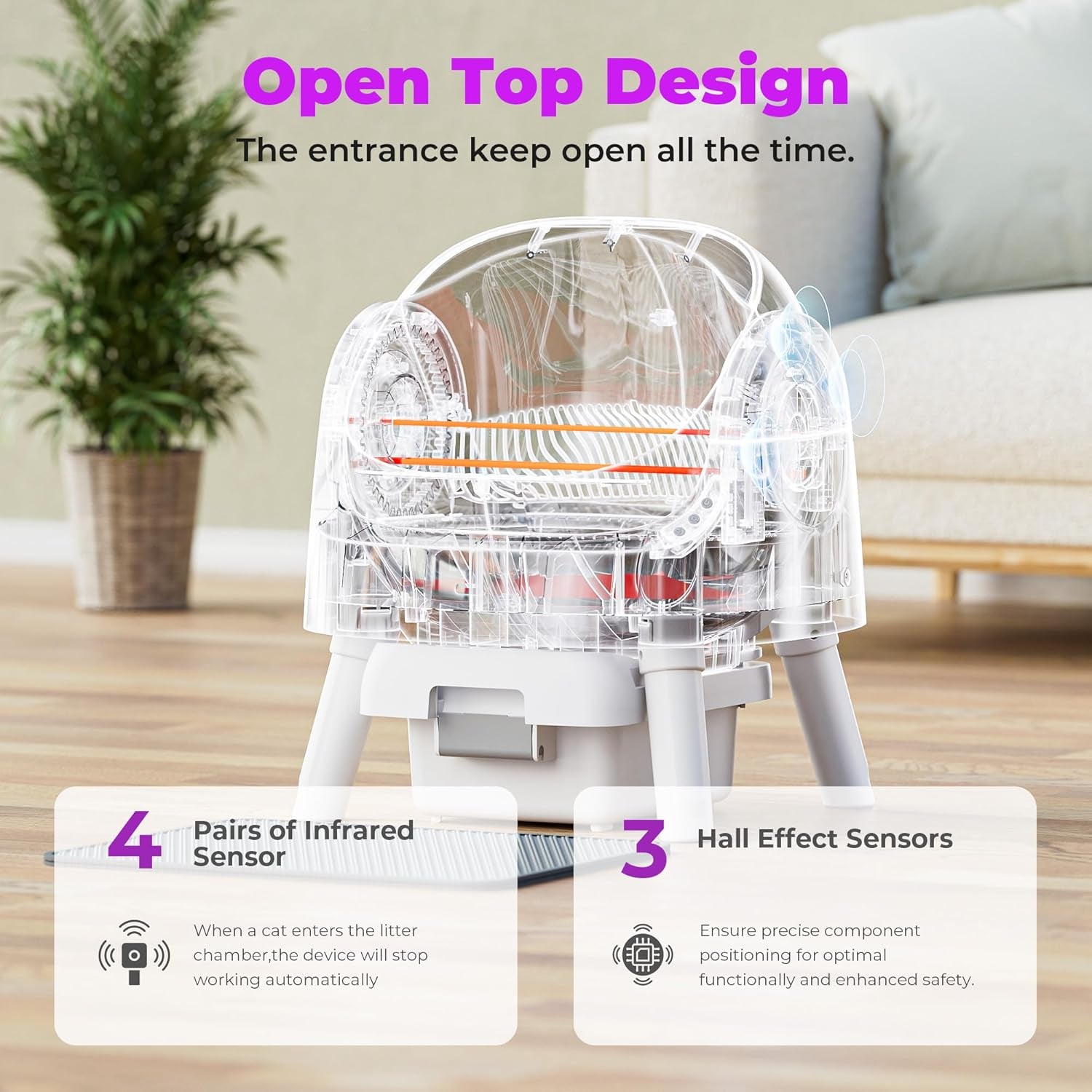 Self-Cleaning Cat Litter Box for Multiple Cats - Automatic, Open Top, White with Liners and Mat Included