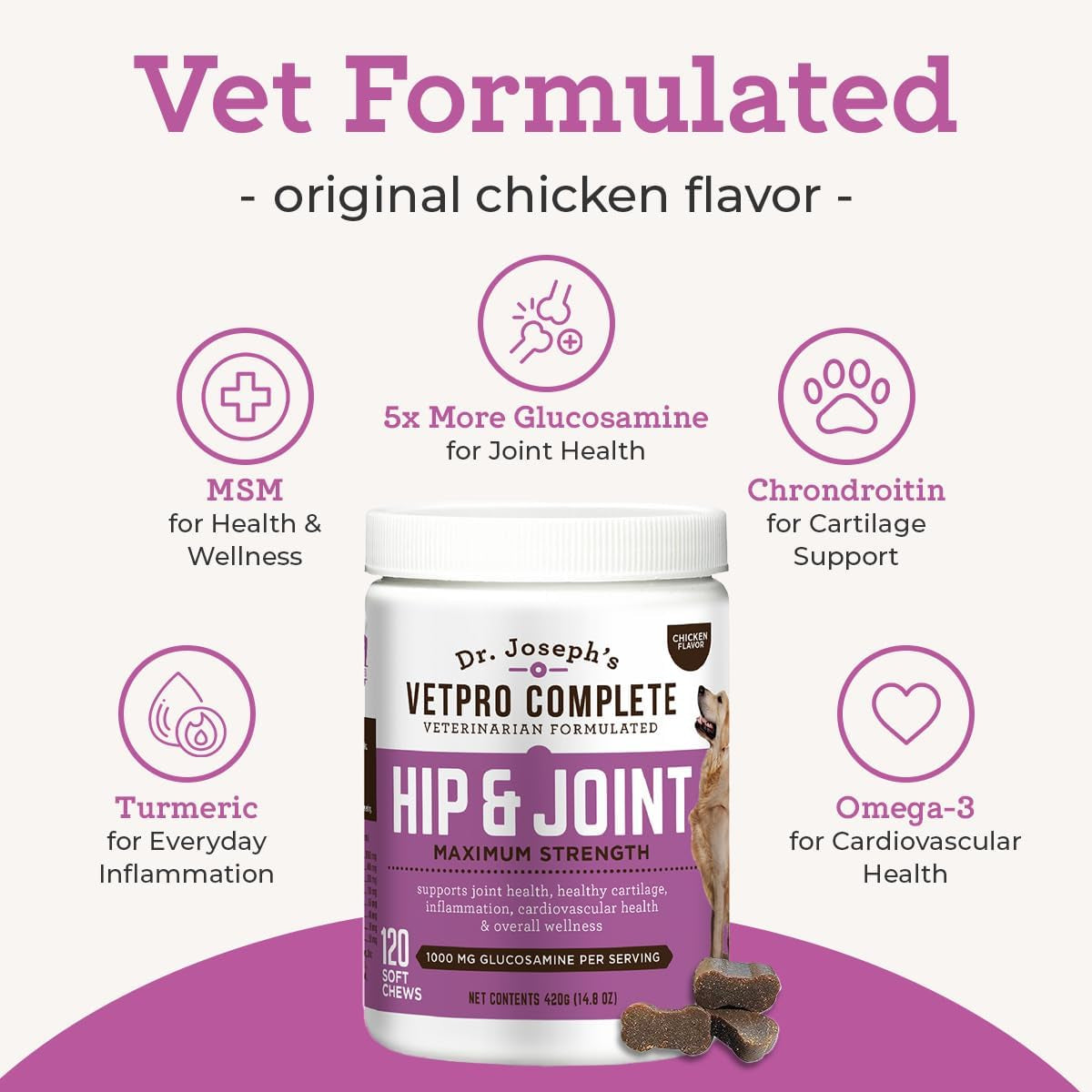 Dr. Joseph'S  Dog Hip and Joint Supplement, 120 Count, Chicken Flavored Pain and Inflammation Relief Chews with Glucosamine, Chondroitin, MSM, Turmeric, Vitamin C, Omega 3
