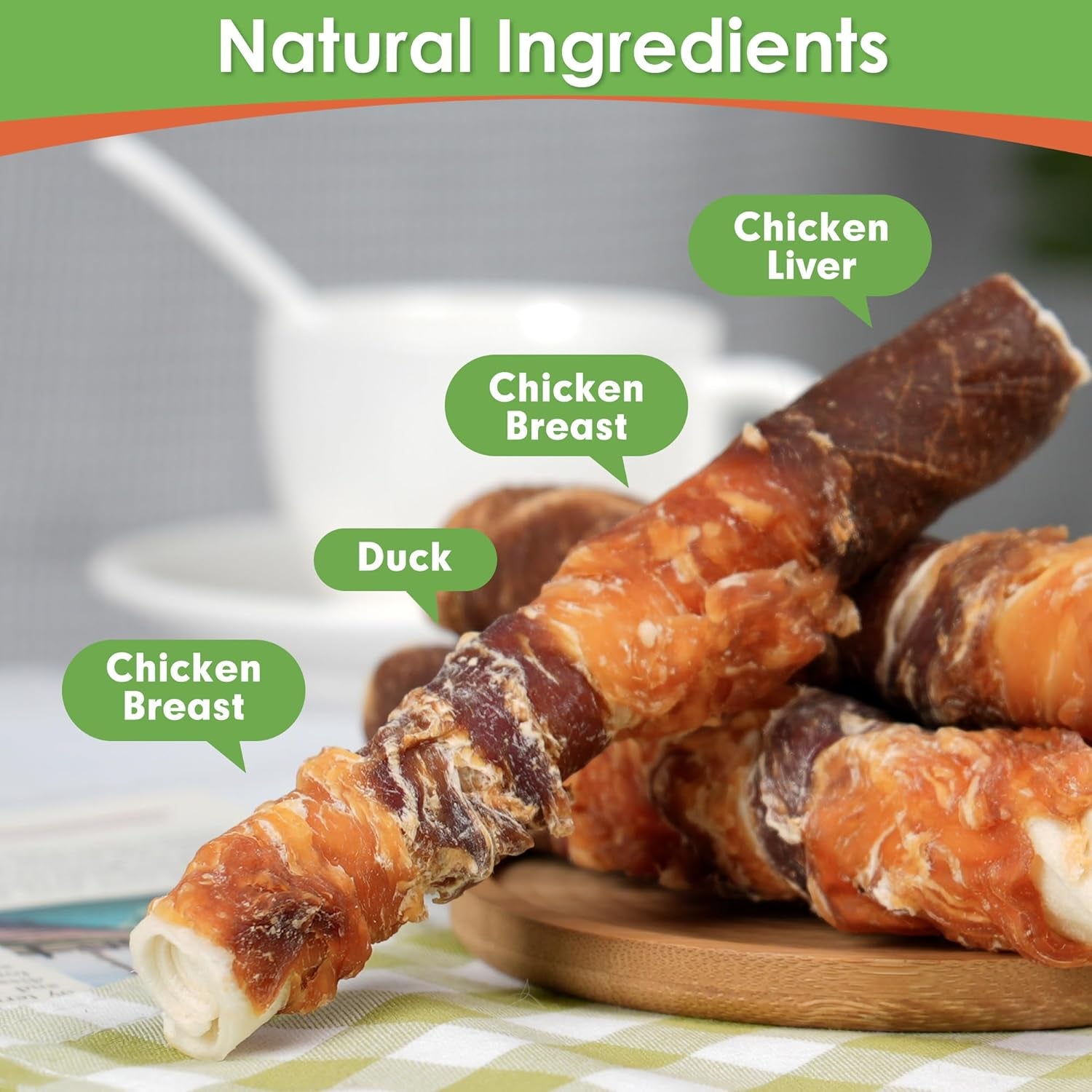 Dog Treats, Triple Flavor 6 Inch Chicken Liver Duck and Chicken Wrapped Rawhide Sticks, Teeth Cleaning Snacks for Medium Dogs, 17.6 Oz (10 Count-Pack of 1)