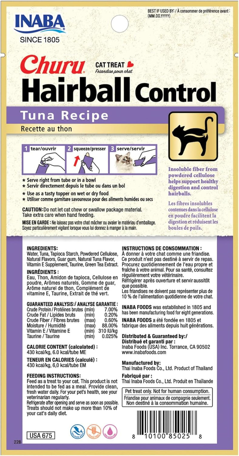Churu Hairball Control, Functional, Creamy Lickable Purée Cat Treat with Taurine & Vitamin E, 0.5 Ounces Each, 24 Tubes (4 per Pack), Tuna Recipe