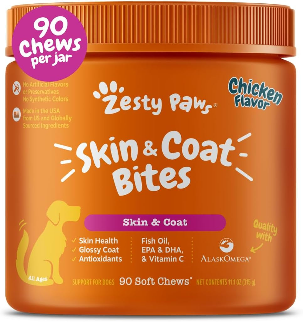 Omega 3 Alaskan Fish Oil Chew Treats for Dogs - with Alaskomega for EPA & DHA Fatty Acids - Hip & Joint Support + Skin & Coat Chicken Flavor (90 Soft Chews)