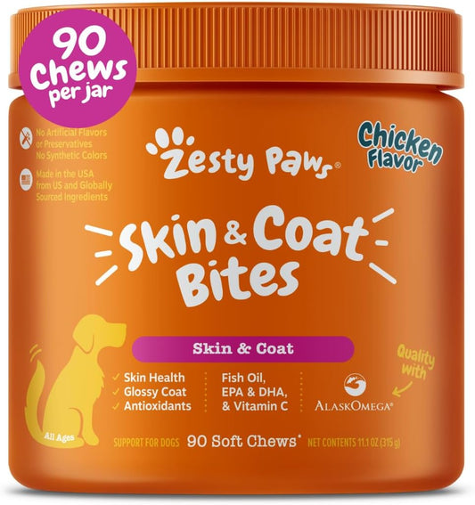 Omega 3 Alaskan Fish Oil Chew Treats for Dogs - with Alaskomega for EPA & DHA Fatty Acids - Hip & Joint Support + Skin & Coat Chicken Flavor (90 Soft Chews)