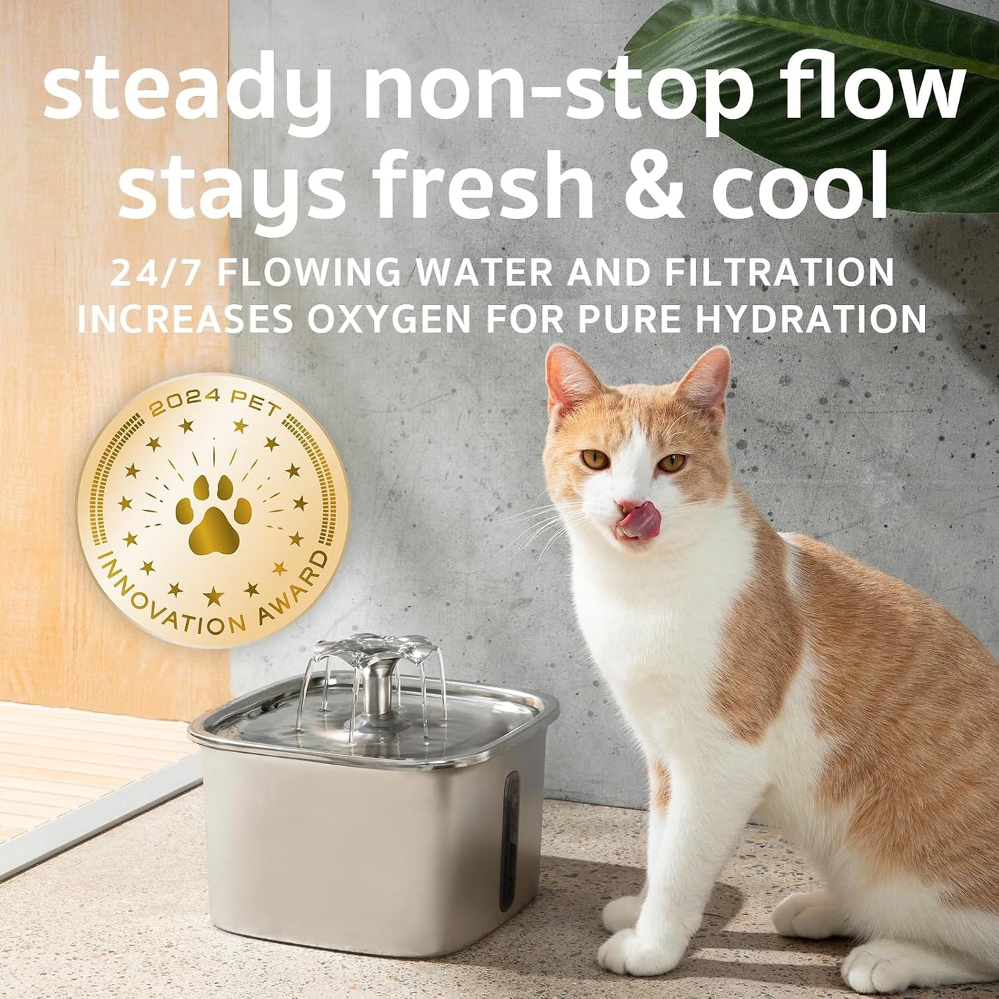 Innovation Award Winner Stainless Steel Cat Water Fountain, 95Oz/2.8L Automatic Pet Fountain with 6 Replacement Filters & 6 Pre-Filter Sponges & Silicone Mat for Cats, Dogs (Silver)