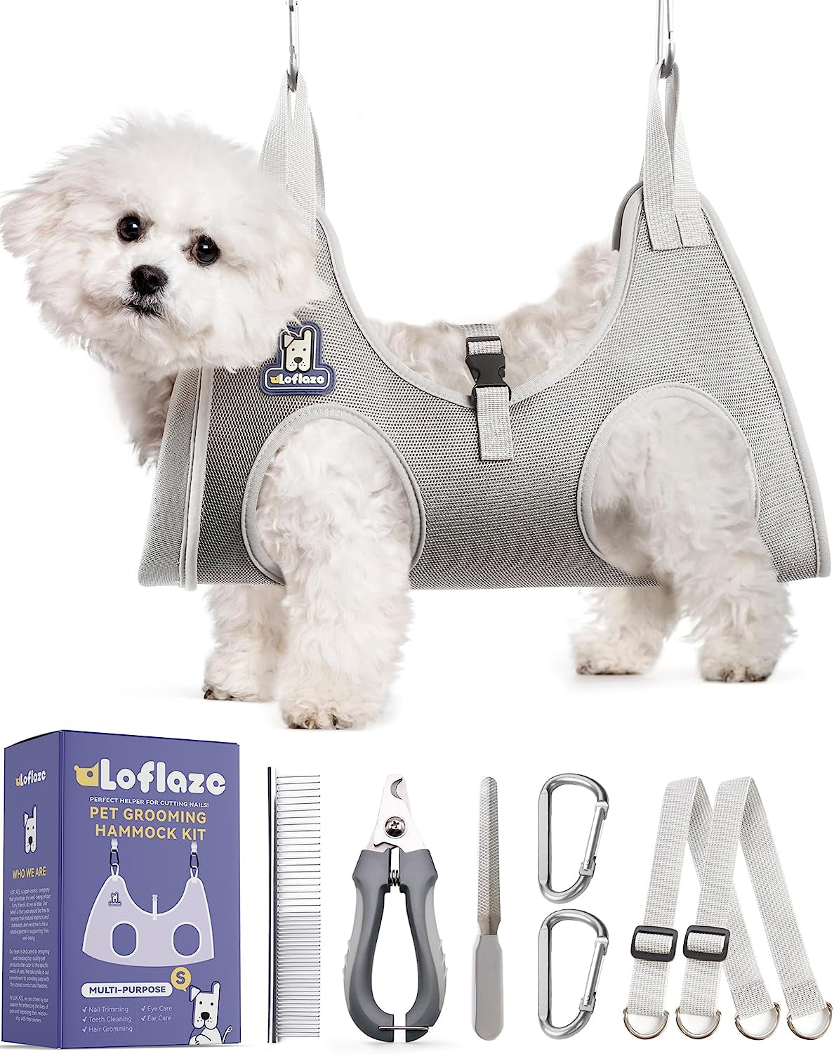 Dog Grooming Hammock Harness for Dogs & Cats with Pet Nail Clipper Trimmer - Cat Hanger Sling for Trimming Clipping Nails- Dog Hammock Restraint Bag for Small Medium Large Pet （ Grey S ）