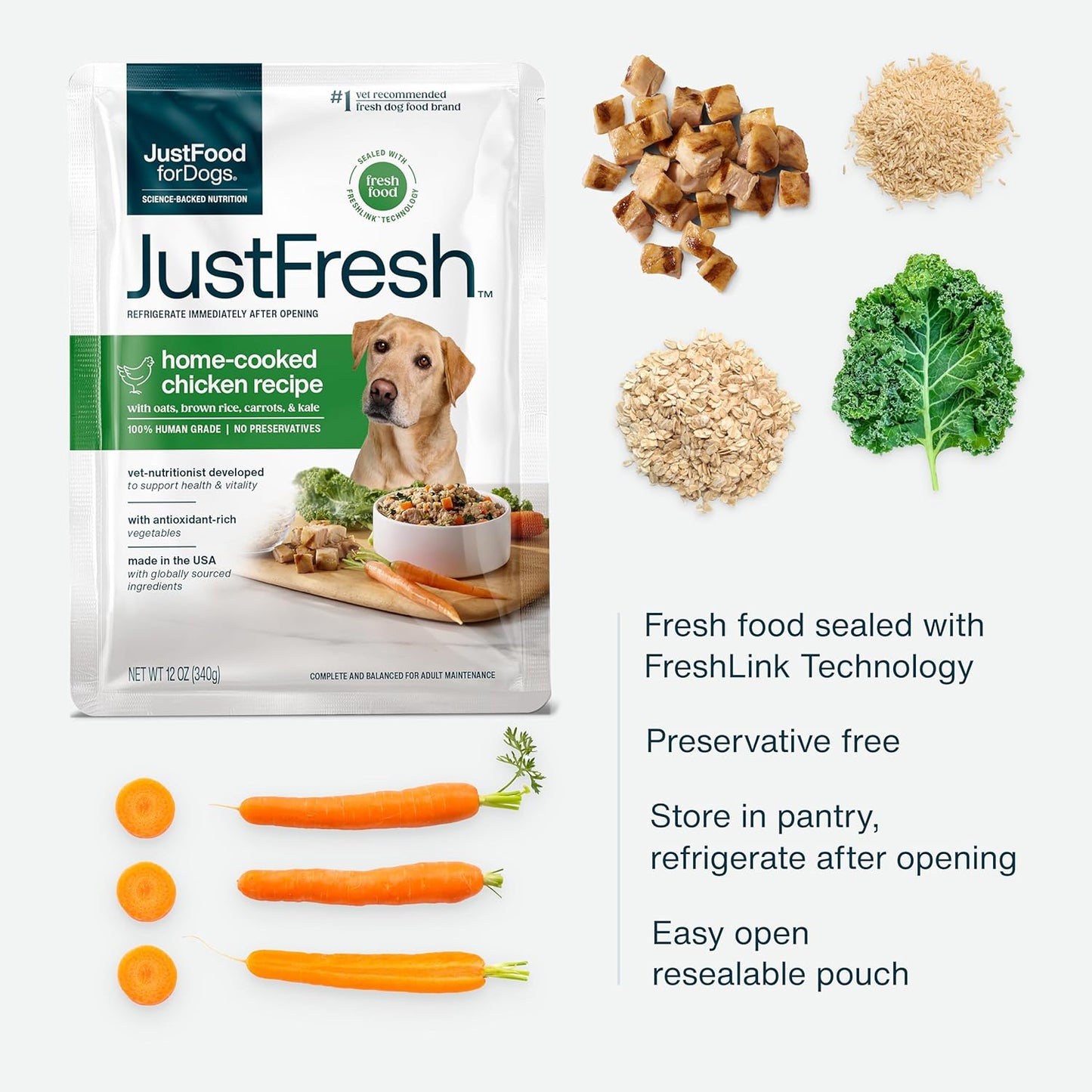 Justfresh Wet Dog Food, Fresh Pet Meals and Toppers with No Preservatives, Resealable Package, Human Grade, Home-Cooked Chicken, 12 Oz - 7 Pack