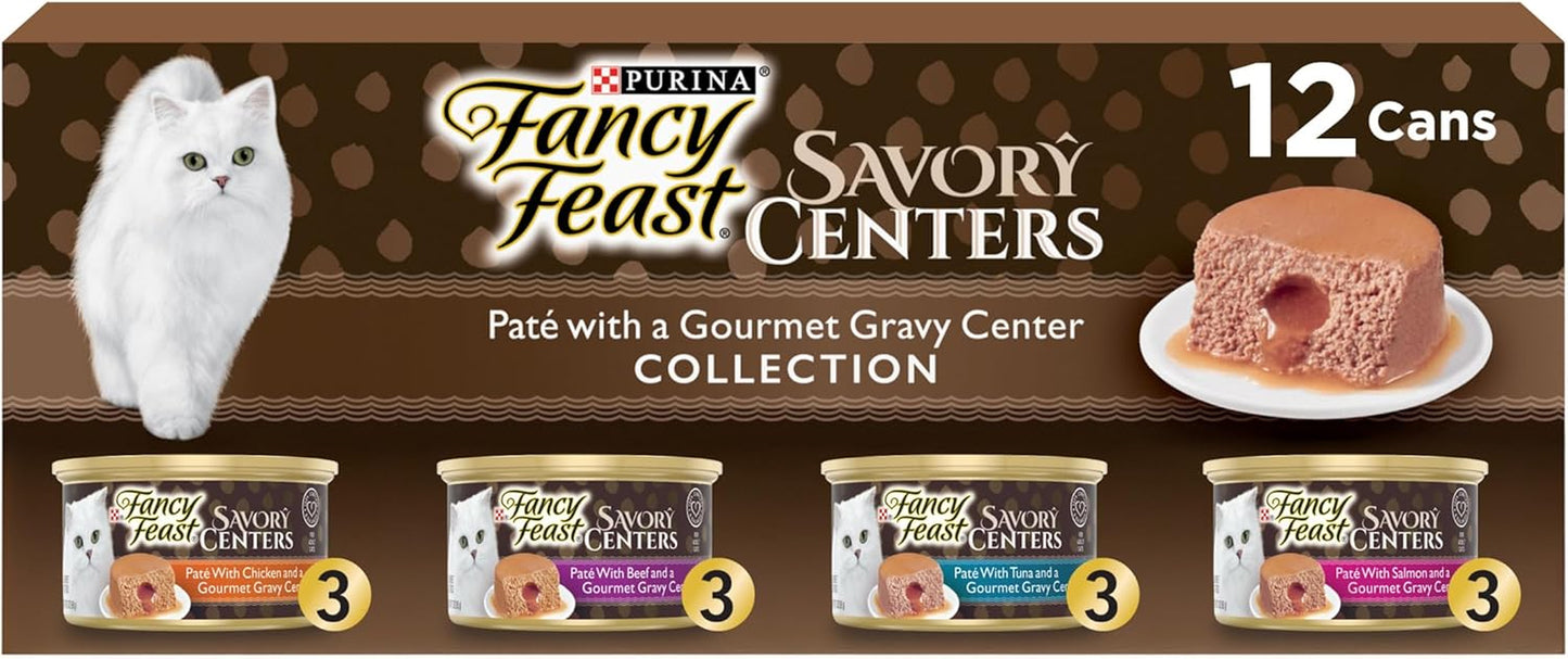Purina  Savory Centers Wet Cat Food Pate Variety Pack with Chicken, Salmon, Beef, and Tuna Pate with Gravy Center - (2 Packs of 12) 3 Oz. Pull-Top Cans