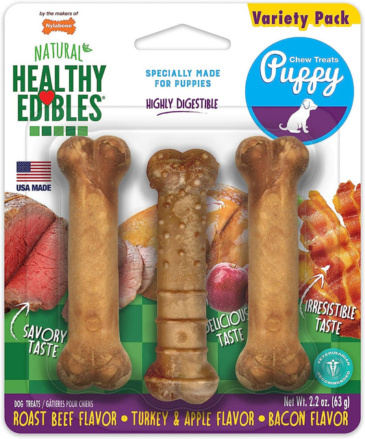 Healthy Edibles Natural Puppy Chews Long Lasting Treats for Puppies, Roast Beef, Apple & Bacon Flavor, X-Small/Petite (3 Count)