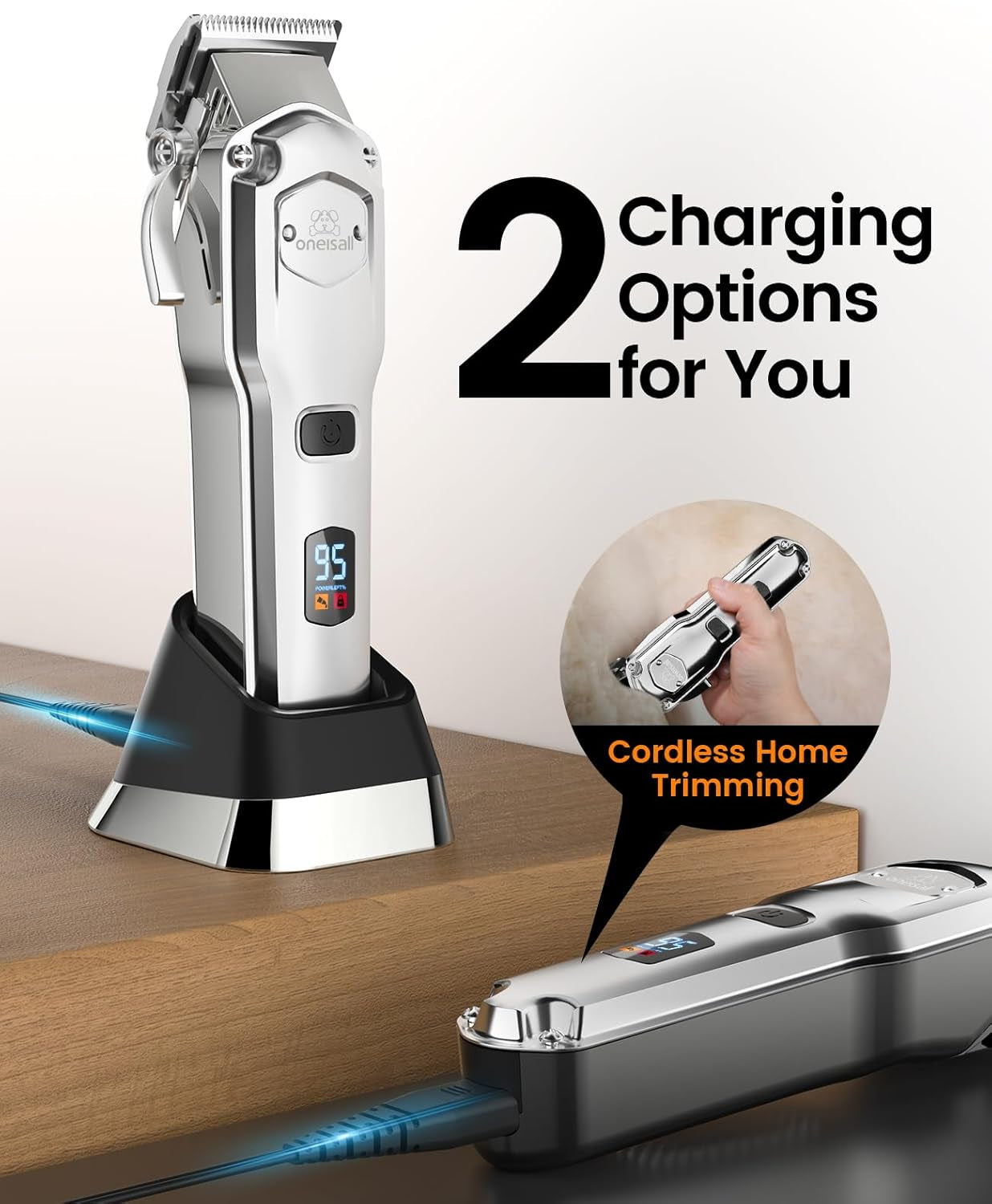 Dog Clippers for Grooming Thick Hair Professional,Cordless/Rechargeable Pet Grooming Kit with Detachable Metal Combs, Low Noise Heavy-Duty Pet Clippers for Thick/Curly/Fine/Wavy Hair (Sliver)