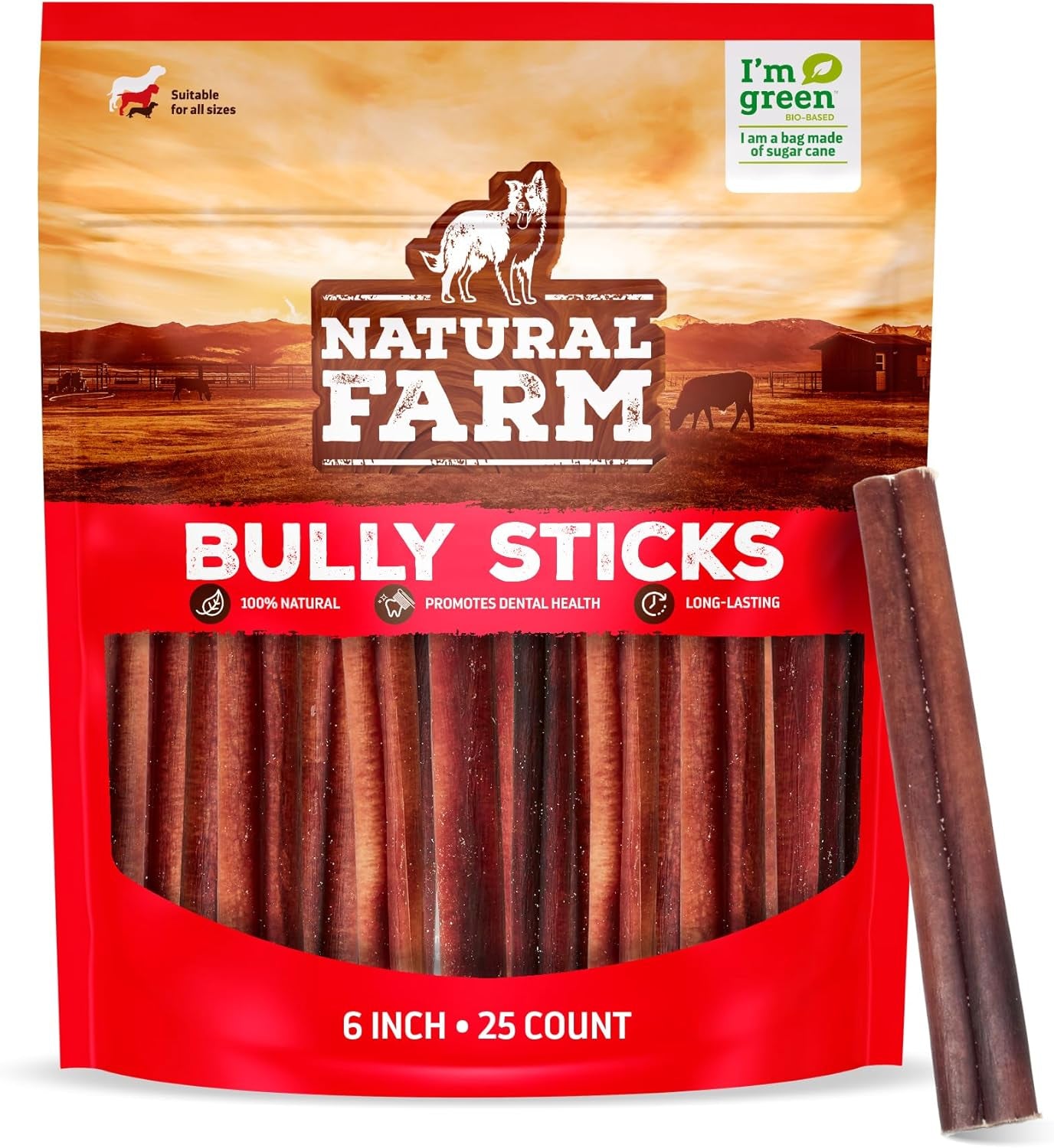 Odor-Free Bully Sticks (6 Inch, 25 Count),1.3 Lb. Bag, Fully Digestible 100% Beef Pizzle Chews,Grass-Fed, Non-Gmo,Grain-Free, Natural Long-Lasting Chews for Small & Large Dogs. Pack of 25