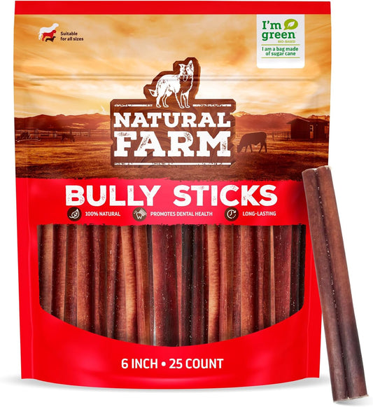 Odor-Free Bully Sticks (6 Inch, 25 Count),1.3 Lb. Bag, Fully Digestible 100% Beef Pizzle Chews,Grass-Fed, Non-Gmo,Grain-Free, Natural Long-Lasting Chews for Small & Large Dogs. Pack of 25