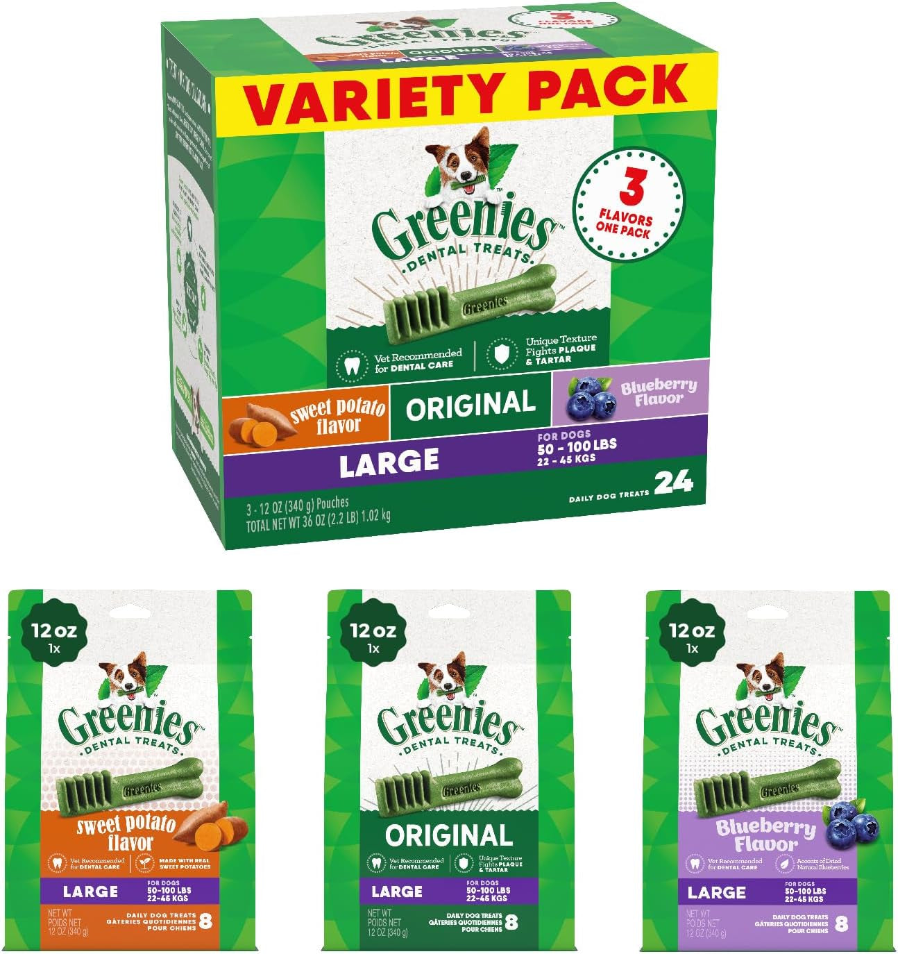 Large Dental Dog Treats, 3-Flavor Variety Pack, (3) 12 Oz. Pouches, 24 Total Treats
