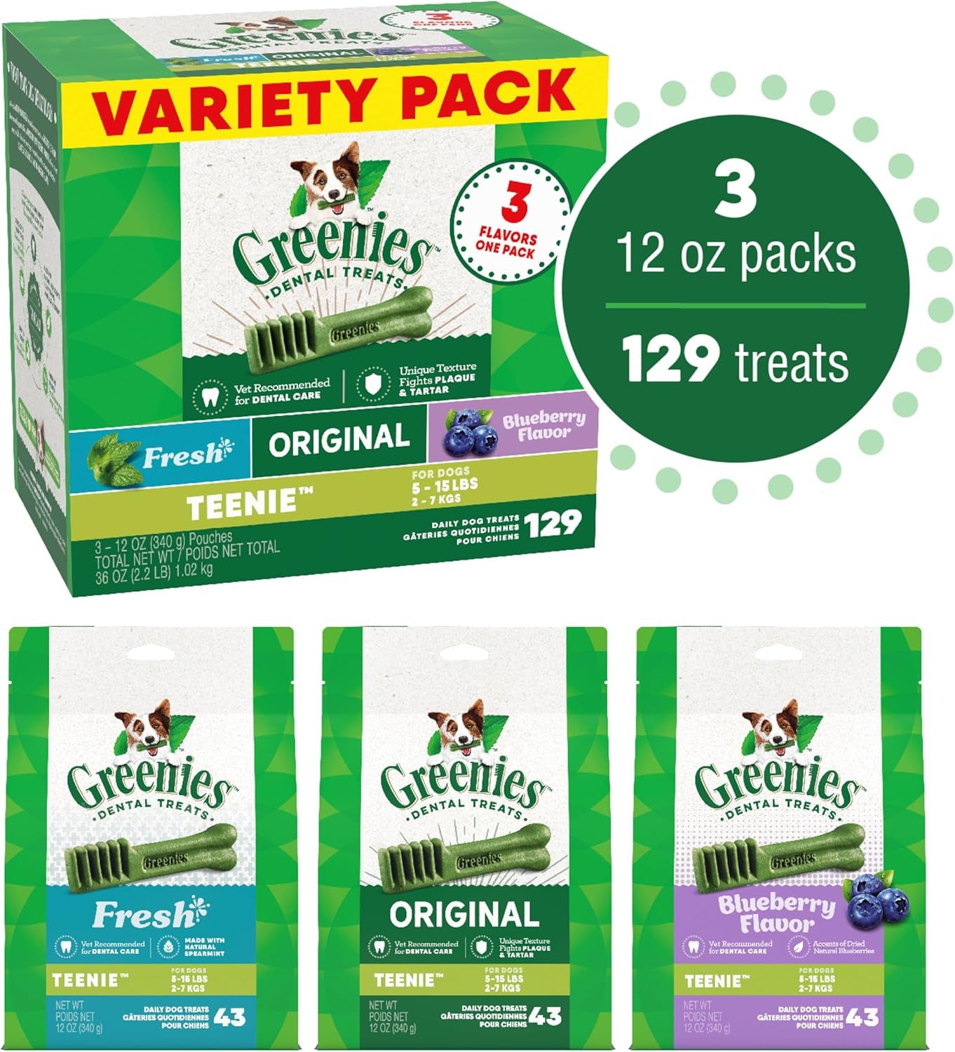 Teenie Dental Dog Treats 3-Flavor Variety Pack, (3) 12 Oz. Pouches, 129 Total Treats