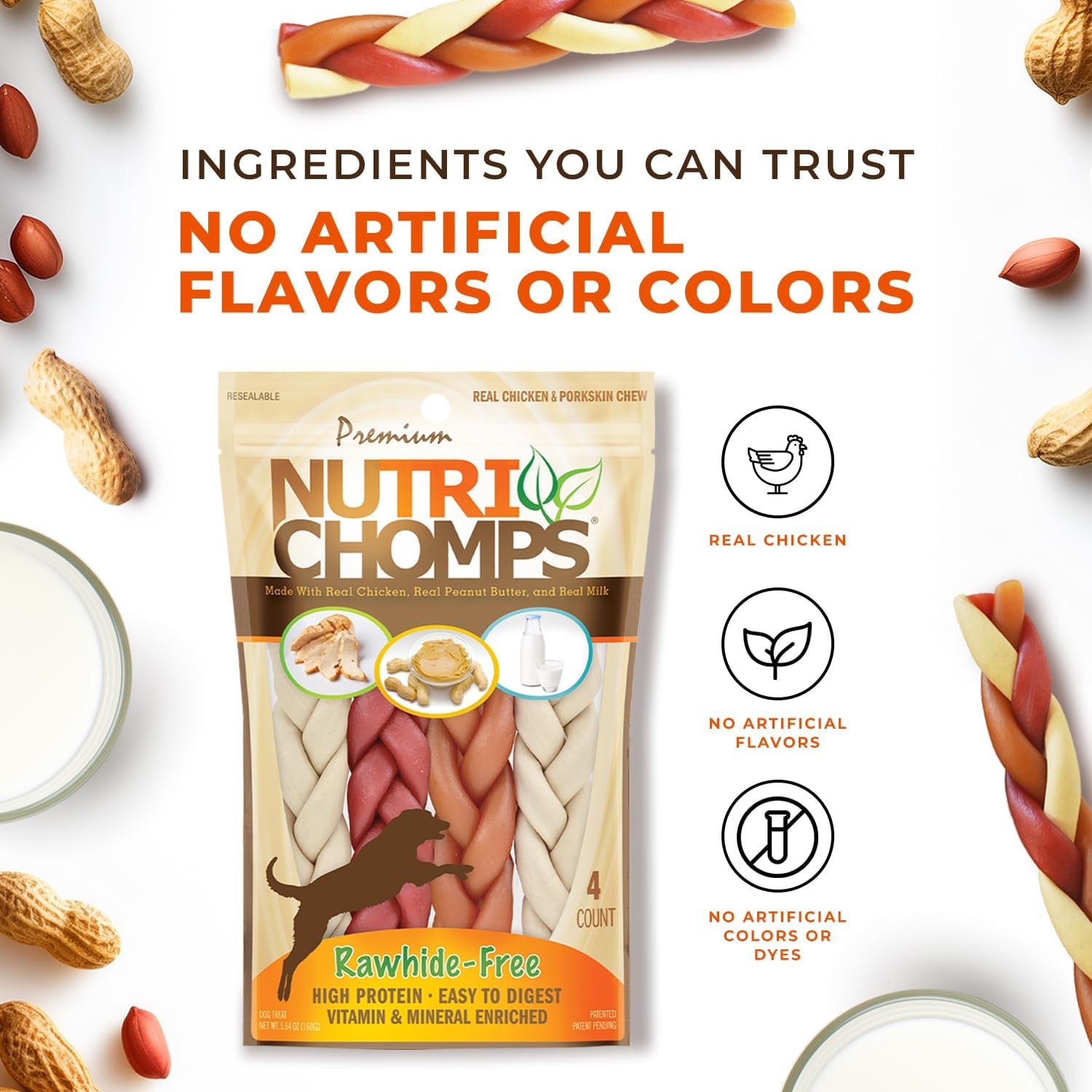 Nutrichomps Dog Chews, 6-Inch Braids, Easy to Digest, Rawhide-Free Dog Treats, Healthy, Real Chicken, Peanut Butter and Milk Flavors, Pack of 4