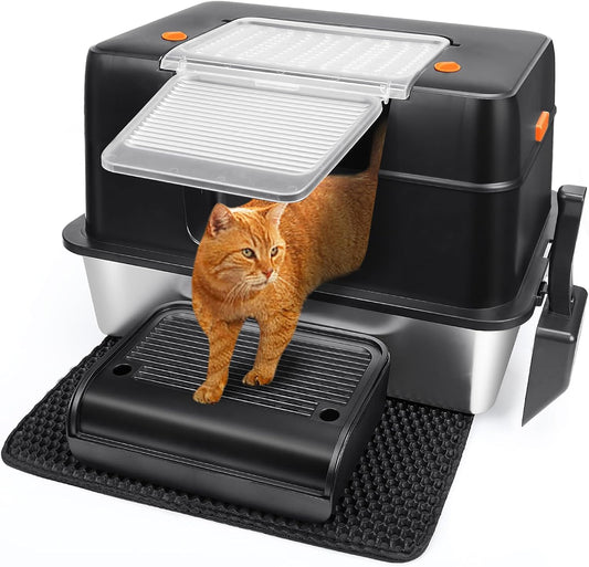 Stainless Steel Litter Box, XL Side Entry Extra Large Litter Box with Lid for Big Cats & Kitty, Removable Enclosed Metal Cat Pan with High Sided Enclosure, Scoop, Mat, Footboard (Black)