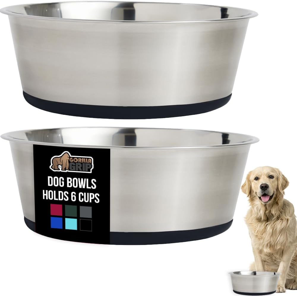 Set of 2 Dog Bowls, Holds 6 Cups (48 Fl Oz), Heavy Duty Metal Food and Water Bowl for Feeding Dogs and Cats, Dishwasher Safe, Rust Resistant Stainless Steel, BPA Free Rubber Base, Black