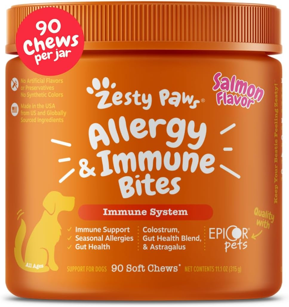 Dog Allergy Relief Chews, Dog Probiotics for Itchy Skin and Ears, Salmon, 90Ct