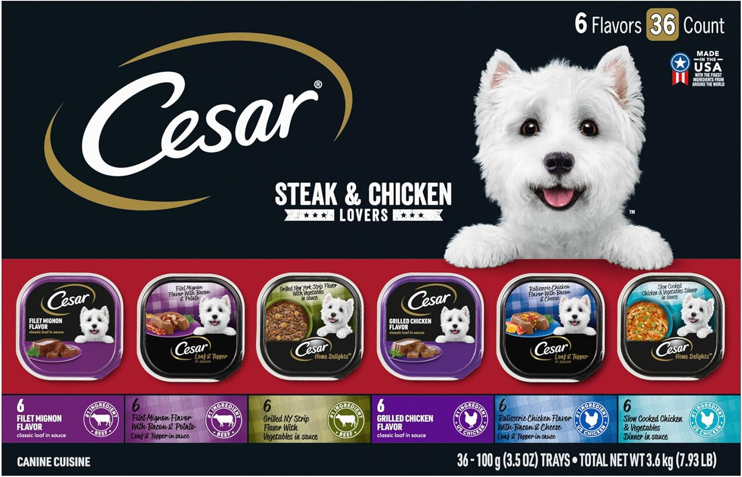 Wet Dog Food Classic Loaf in Sauce, Steak and Chicken Lovers Variety Pack with Real Meat or Real Chicken, 3.5 Oz. Easy Peel Trays (36 Count, Pack of 1)