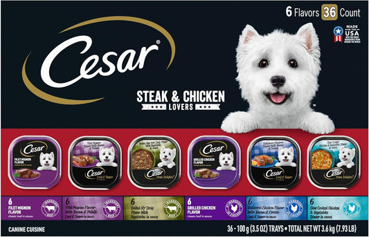 Wet Dog Food Classic Loaf in Sauce, Steak and Chicken Lovers Variety Pack with Real Meat or Real Chicken, 3.5 Oz. Easy Peel Trays (36 Count, Pack of 1)