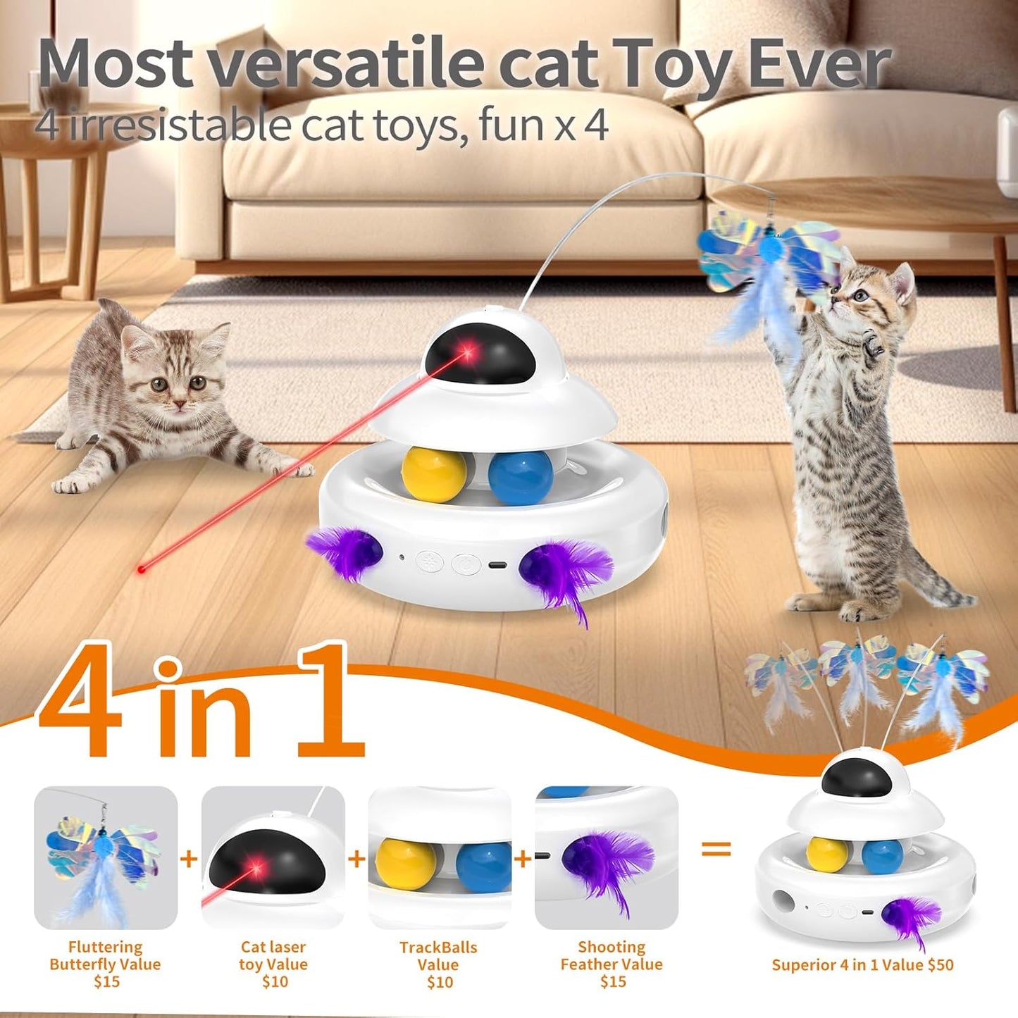 Interactive Cat Toys for Indoor Cats,4-In-1 Automatic Kitten Toy,Motion Activated Electronic Fluttering Butterfly,Track Balls, Moving Feather Toys for All Breeds,Usb Rechargeable