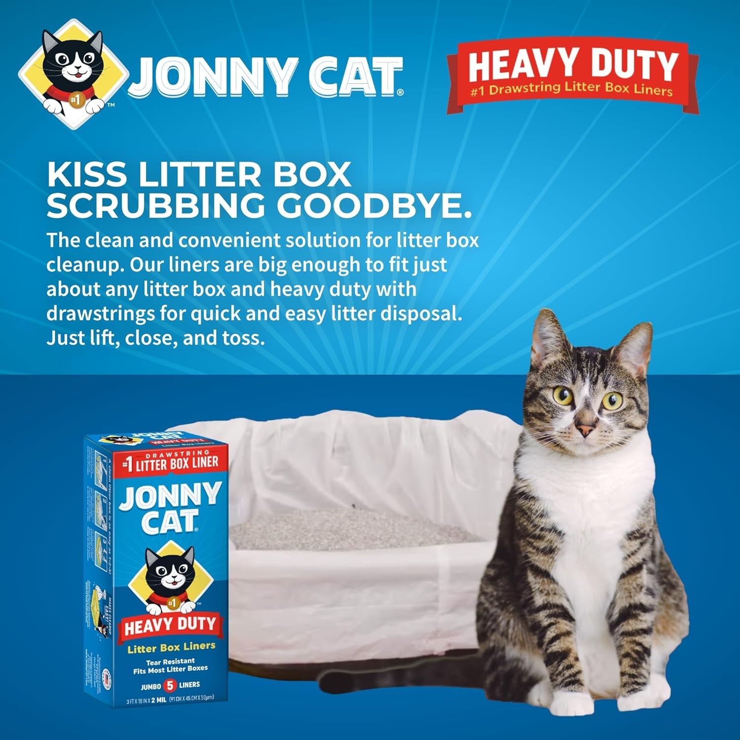 Litter Box Liners: Heavy Duty - Tear & Leak Resistant - Drawstring Close - Jumbo, 5 Count
