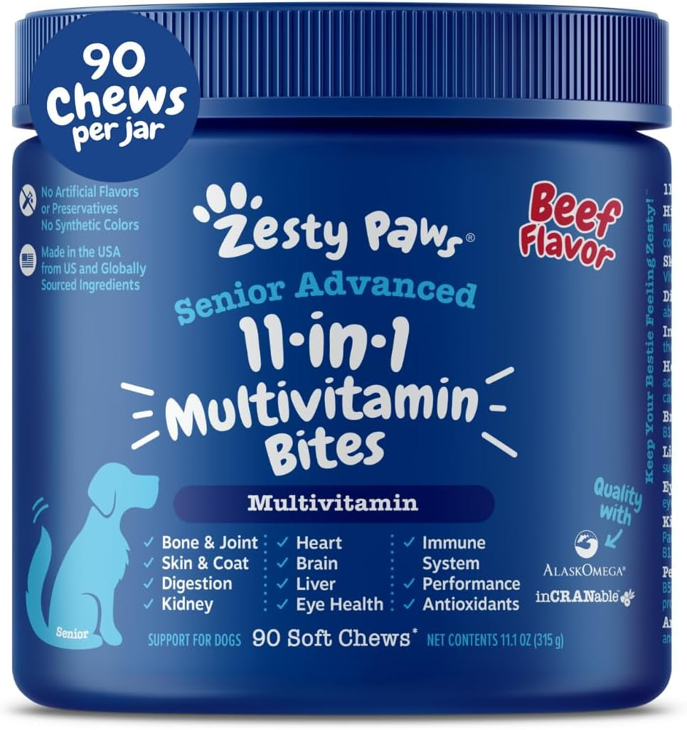 Senior Dog Multivitamin Treats - Glucosamine for Dogs + Digestive Enzymes & Probiotics - Grain Free Dog Vitamins and Supplements for Skin & Coat + Immune Health Beef - Advanced - 90Ct