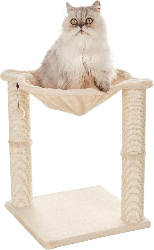 Cat Condo Tower with Hammock Bed and Scratching Post,Easy to Assemble,Plush Hammock,Interactive Hanging Ball,Durable Sisal Scratch Posts for Indoor Cats, 15.8 X 15.8 X 19.7 Inches, Beige