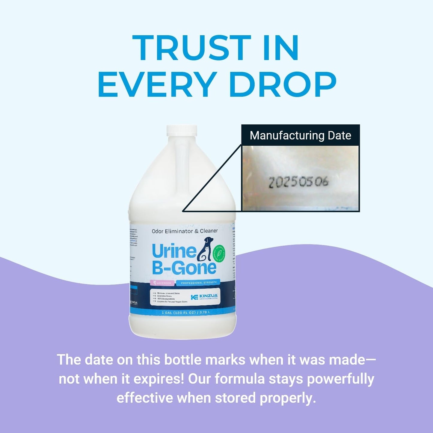 Urine B-Gone, Professional Enzyme Odor Eliminator & Pet Stain Remover, Human, Cat & Dog Urine Cleaner, Effective on Laundry, Carpets & More, Lavender Scent, 1 Gallon